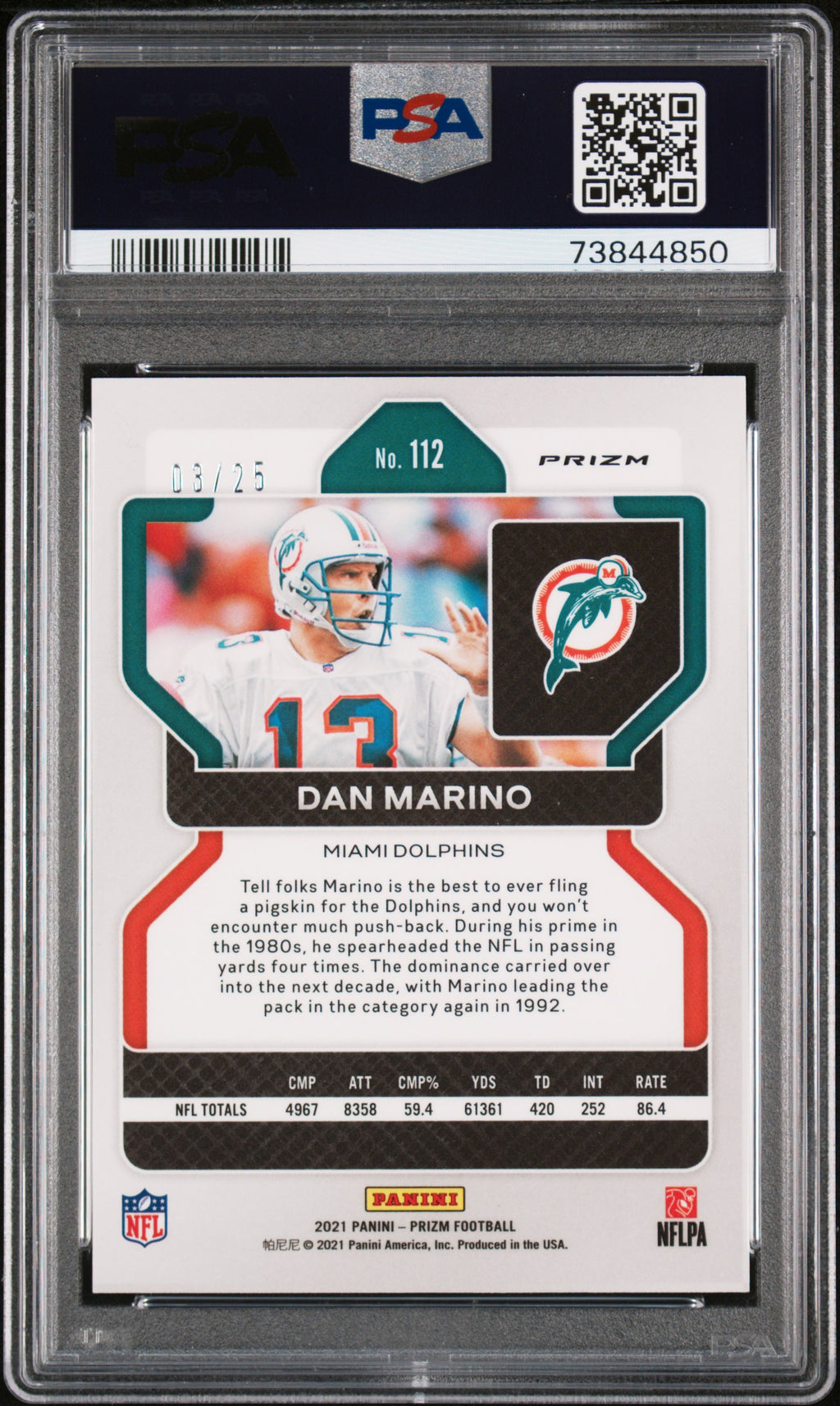Dan Marino / 2021 Panini Prizm / Blue Shimmer / PSA 9