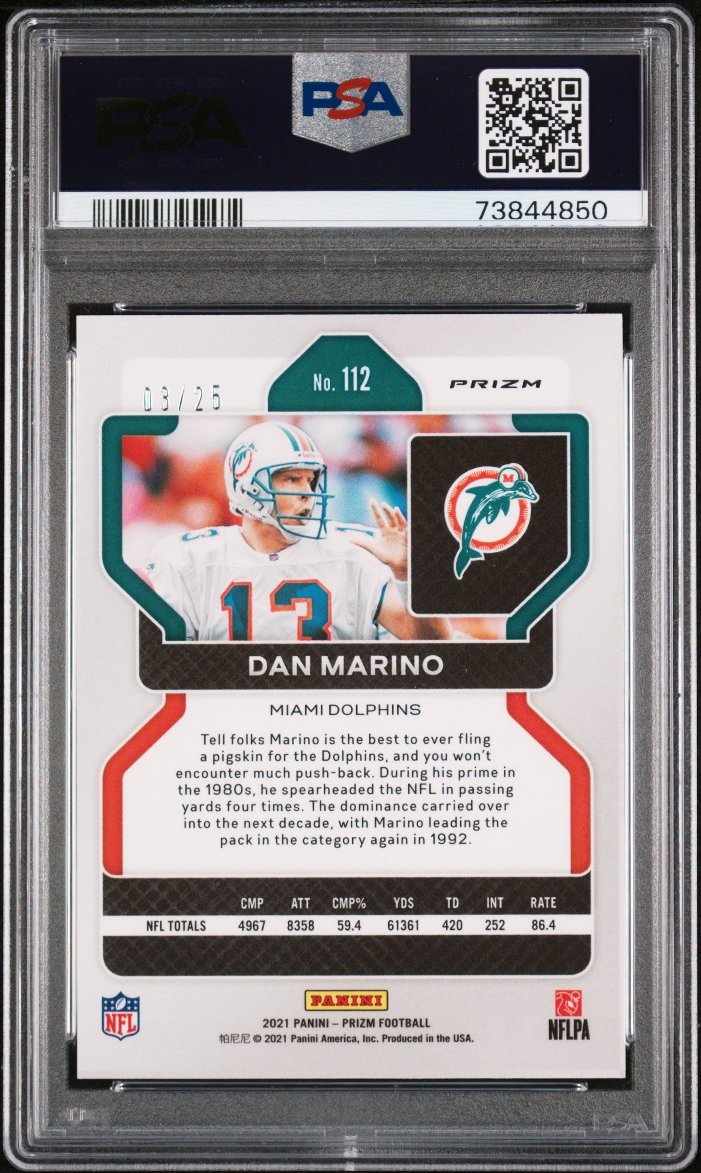 Dan Marino / 2021 Panini Prizm / Blue Shimmer / PSA 9
